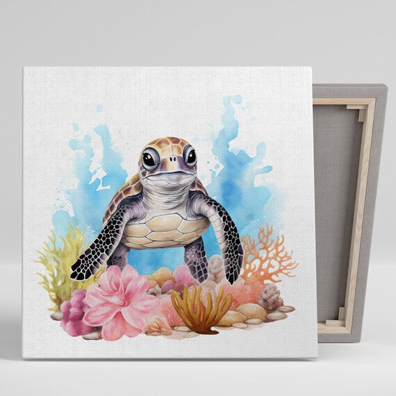 Turtle Wall Art Or Poster Whimsical Coastal Decor Childrens Room Nursery Bathroom Wall Art Blue Pink Yellow Brown Nature Print