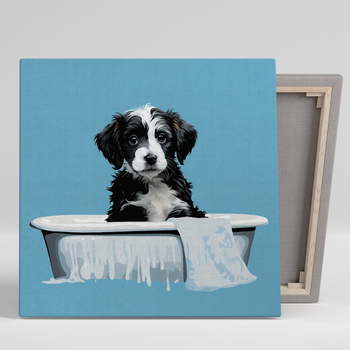Bathtub Puppy Suds Funny Bath Time Cute Black White Dog Nursery Art