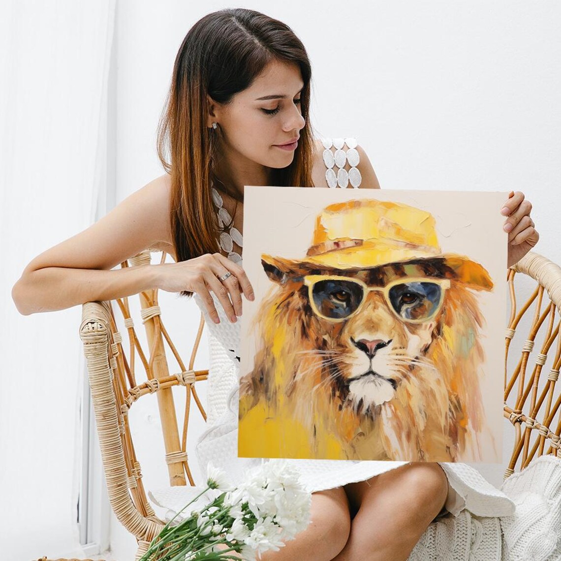 Lion Wearing Sunglasses Yellow Safari Hat Impressionist Portrait Wall Art Poster - Image 3