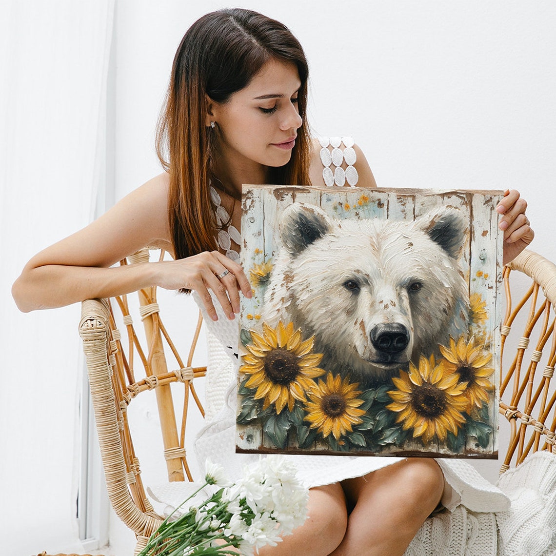 White Polar Bear Face Among Golden Sunflowers Rustic Woodland Poster - Image 3