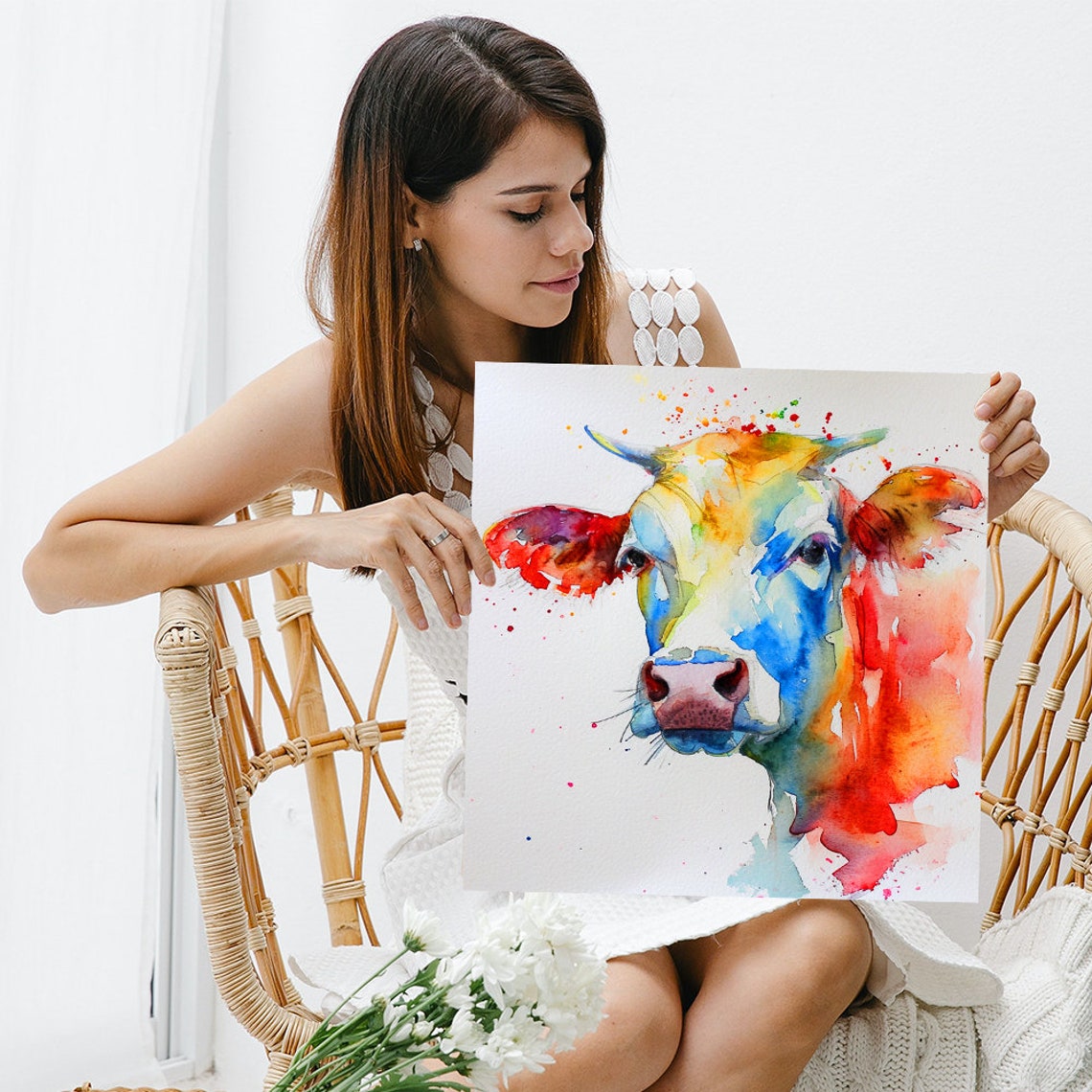 Rainbow Watercolor Cow Face Red Blue Yellow Splash Art Poster - Image 3