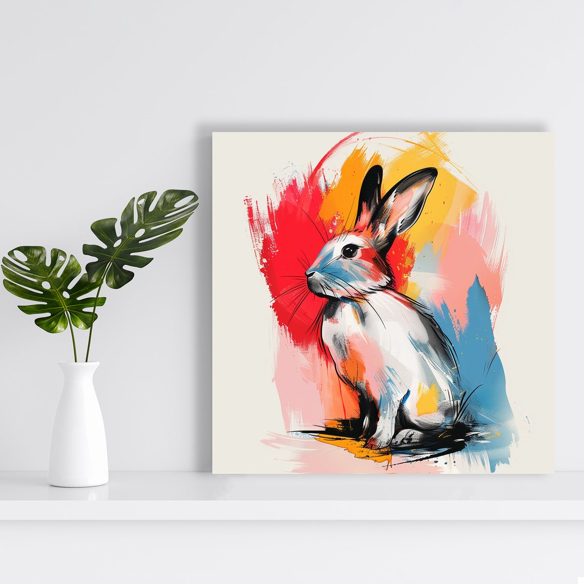 Whimsical Bunny Watercolor Abstract Red Orange Blue Wall Poster - Image 2