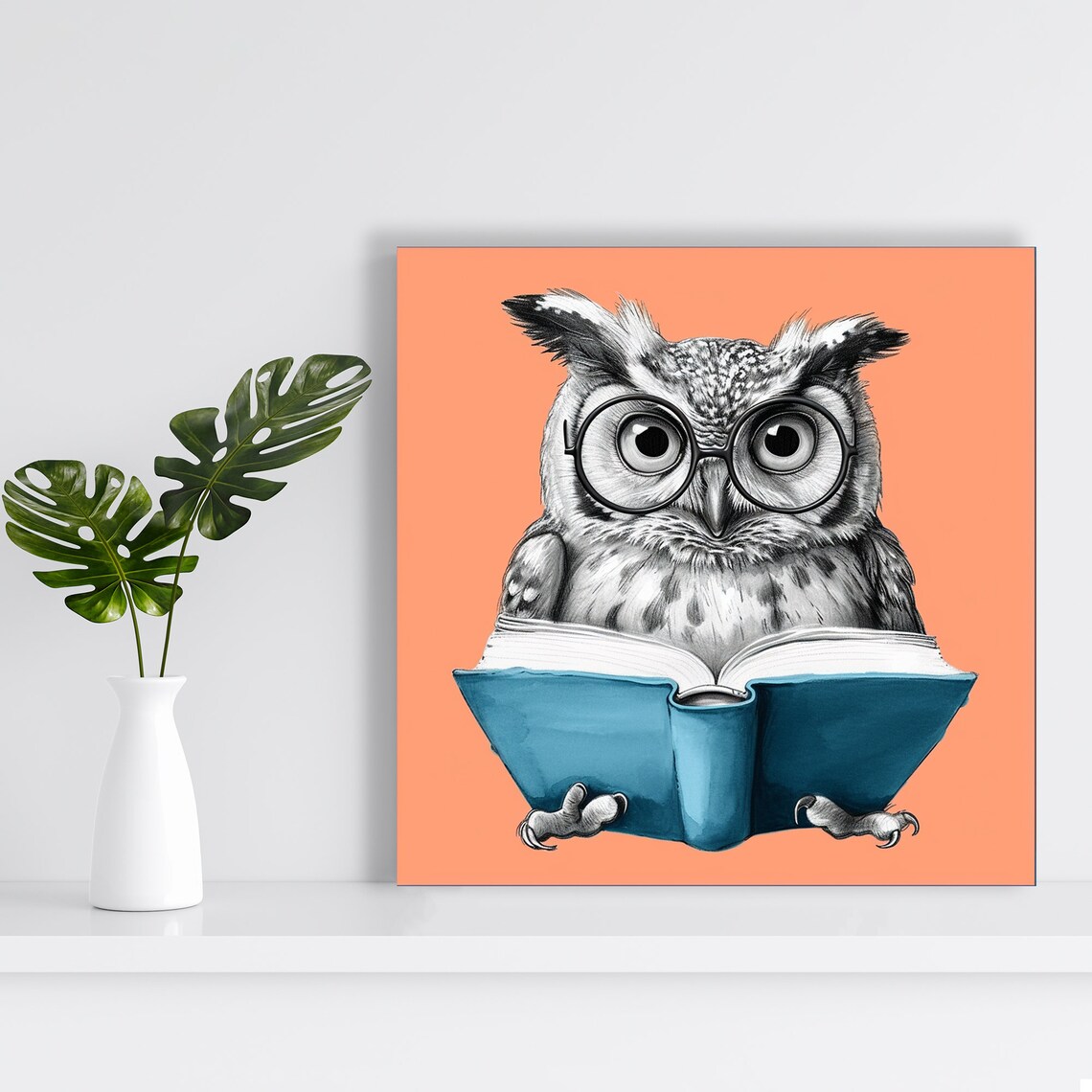 Wise Owl Wearing Glasses Reading Blue Book Cute Peach Background Kids Poster - Image 2