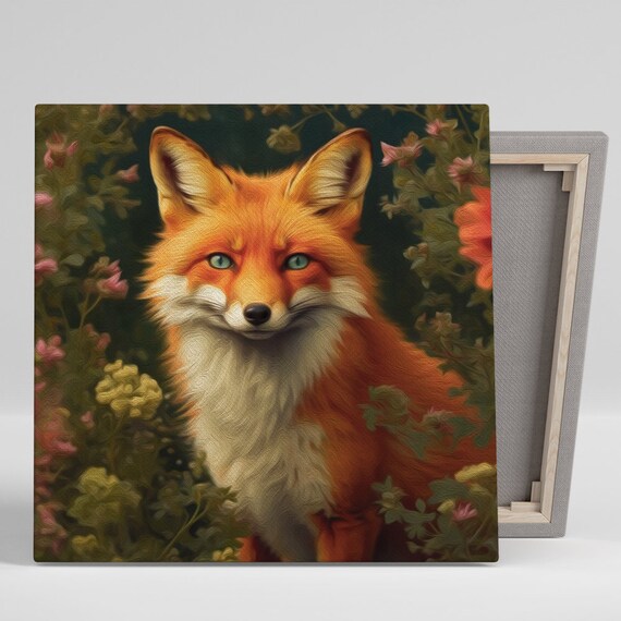 Red Fox Portrait Among Wildflowers Enchanted Forest Oil Wall Poster