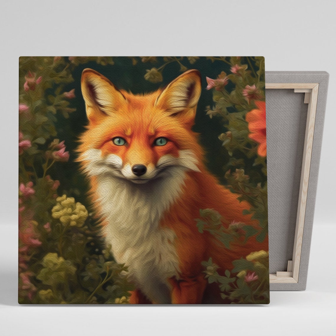Red Fox Portrait Among Wildflowers Enchanted Forest Oil Wall Poster