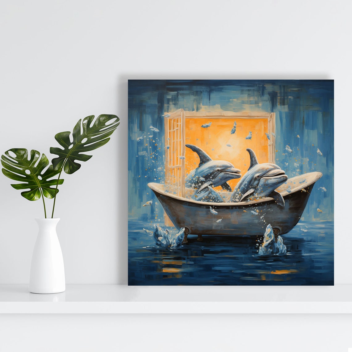 Two Dolphins Playing In Bathtub Whimsical Blue Bathroom Ocean Poster - Image 3