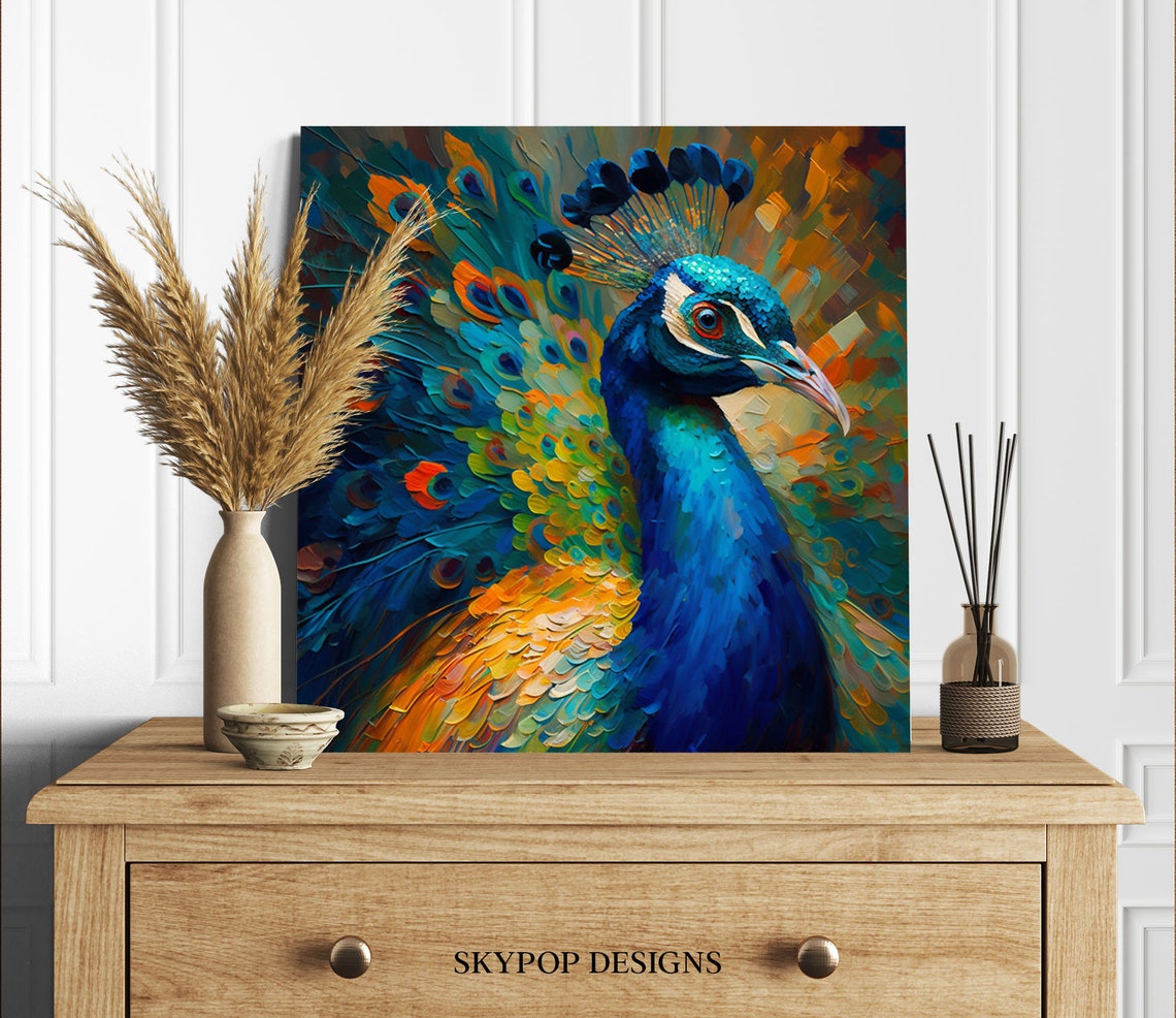 Golden Impasto Peacock Portrait Blue Plumage Warm Textured Art Poster - Image 3