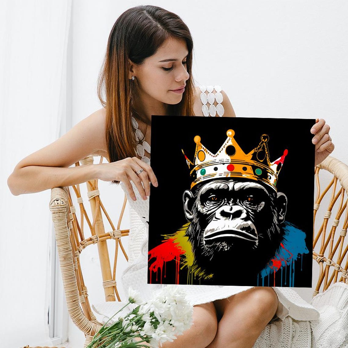Chimpanzee King Crown Portrait Street Pop Art Black Gold Animal Poster - Image 3