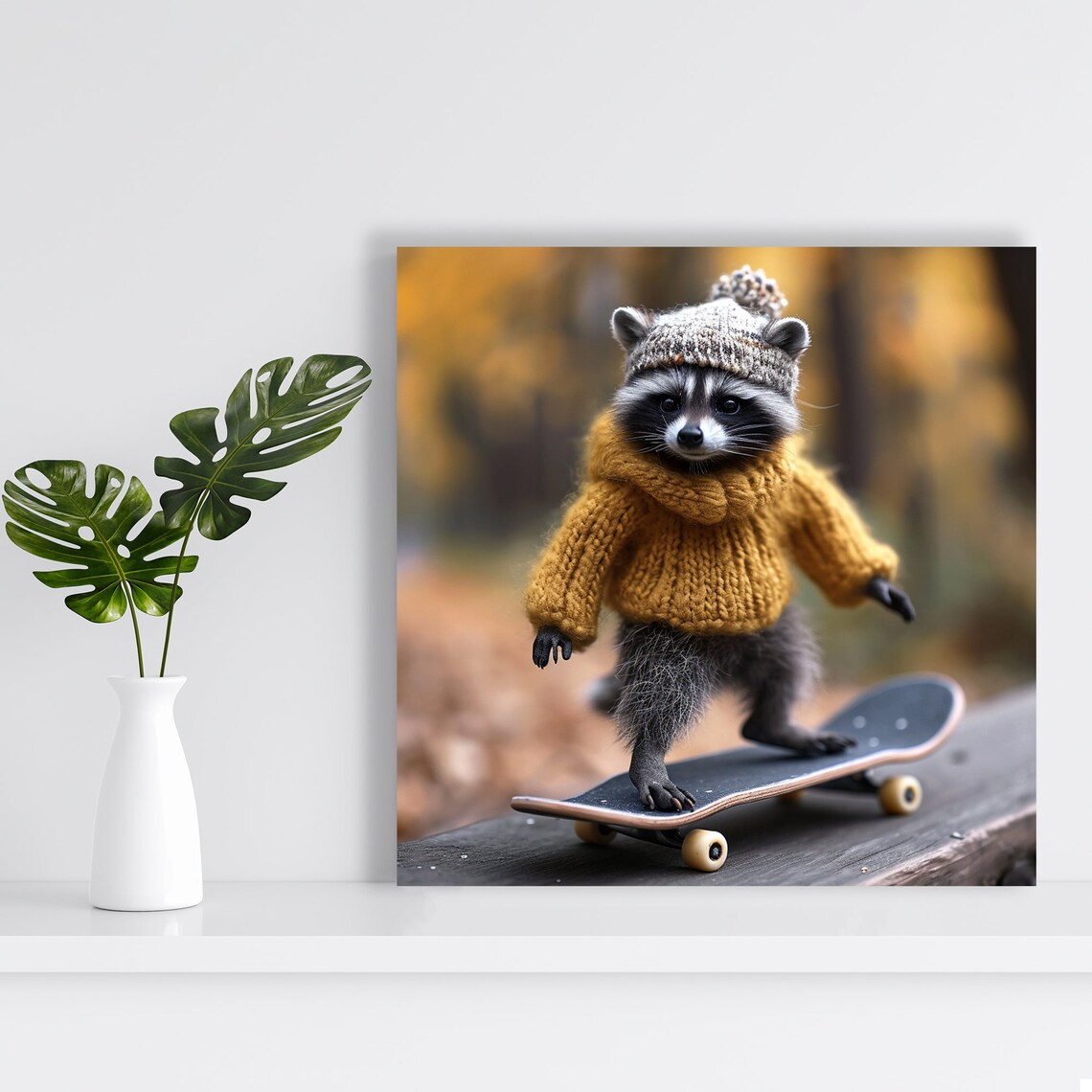 Skateboarding Raccoon Poster Cute Raccoon In Sweater Knit Hat Fall Print - Image 2