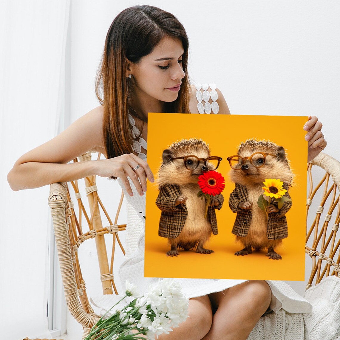 Dapper Hedgehog Duo In Glasses Holding Flowers Orange Background Poster - Image 3