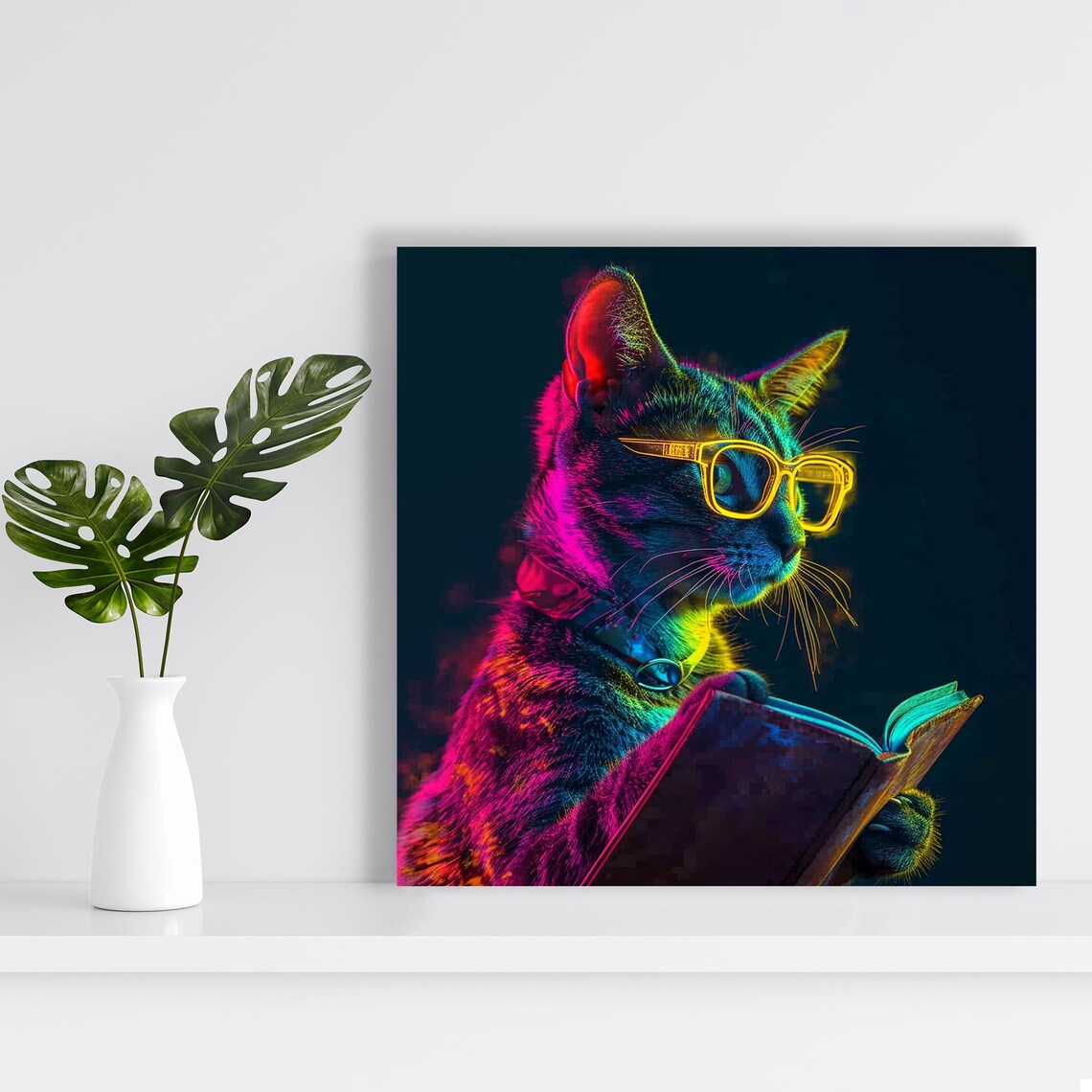 Neon Scholar Cat Reading Book With Yellow Glasses Dark Pop Art Wall Poster - Image 2