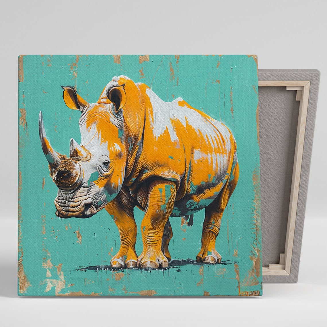 Orange Rhino on Teal Distressed Background Bold Animal Poster