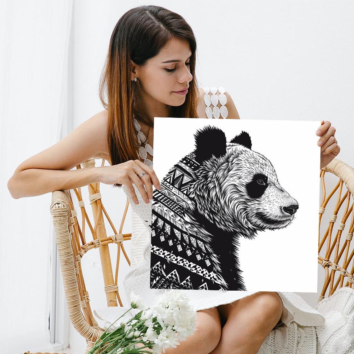 Panda Profile With Tribal Geometric Pattern Black White Ink Poster - Image 3