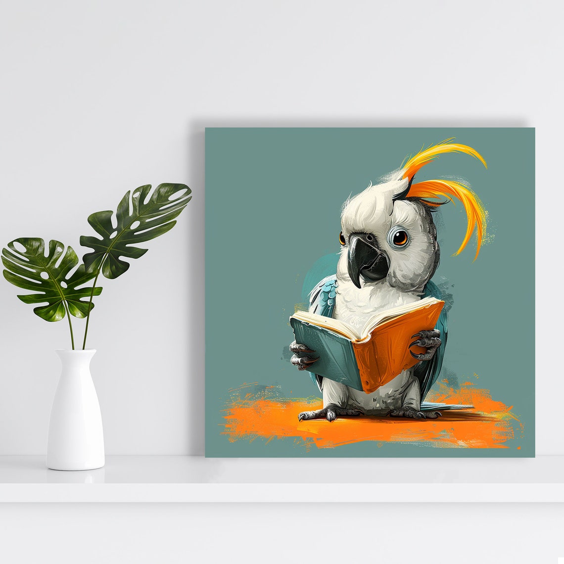Cockatoo Reading Book Orange Crest Cute Library Decor Wall Art - Image 2