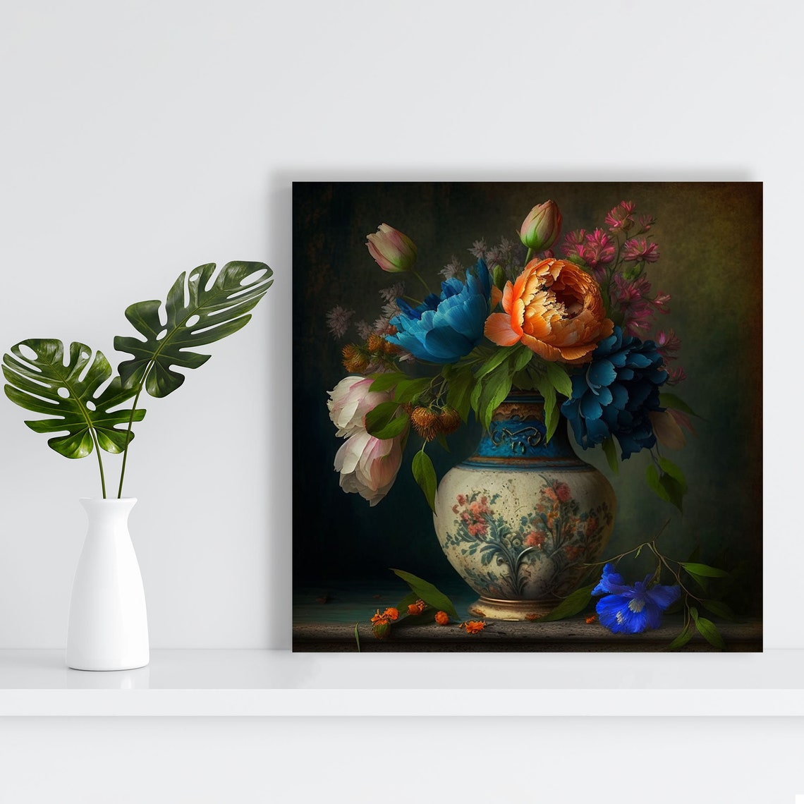 Orange Blue Peony Bouquet Hand Painted Floral Vase Elegant Wall Poster - Image 2