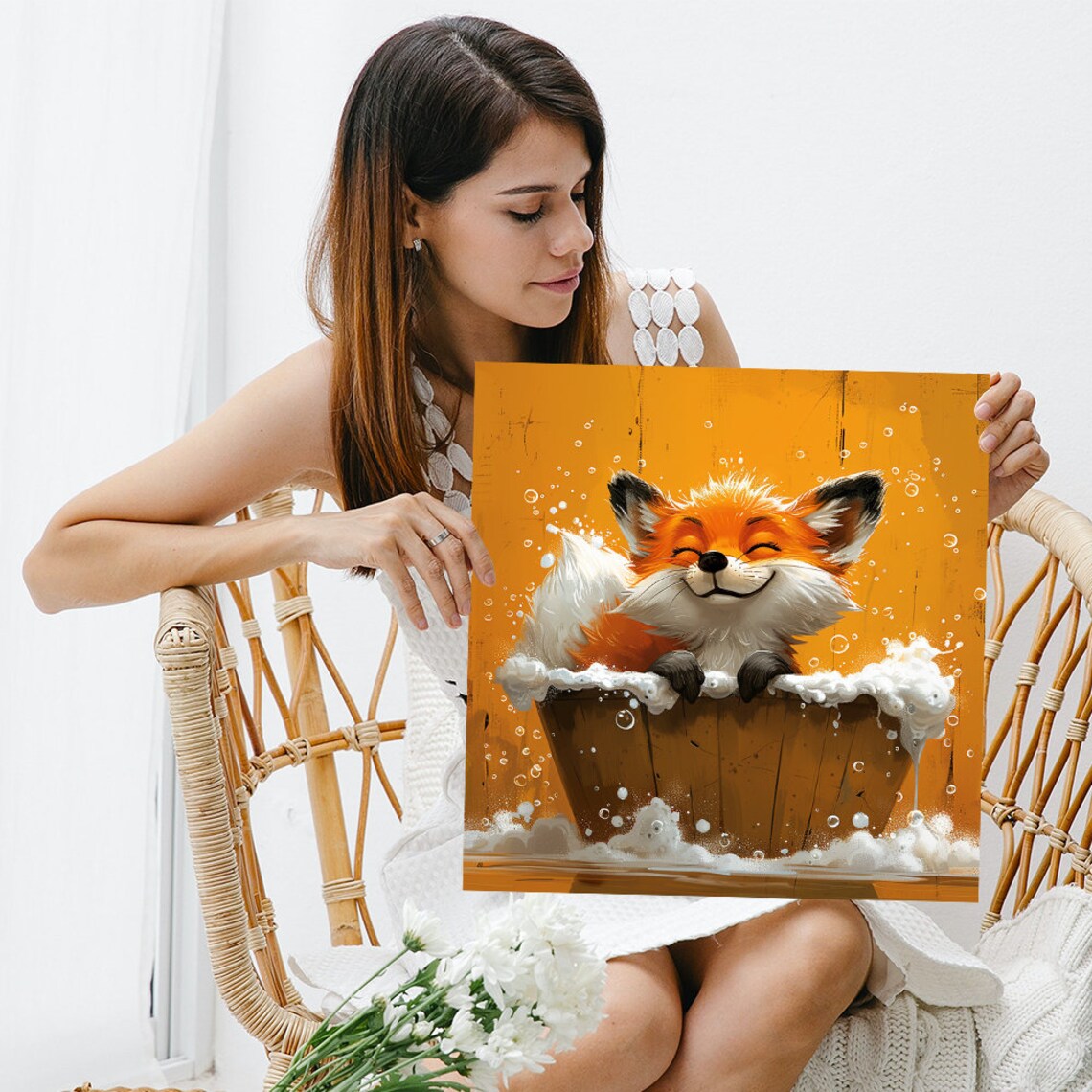 Bubbly Fox Bath Time, Whimsical Contemporary Art Print - Image 3