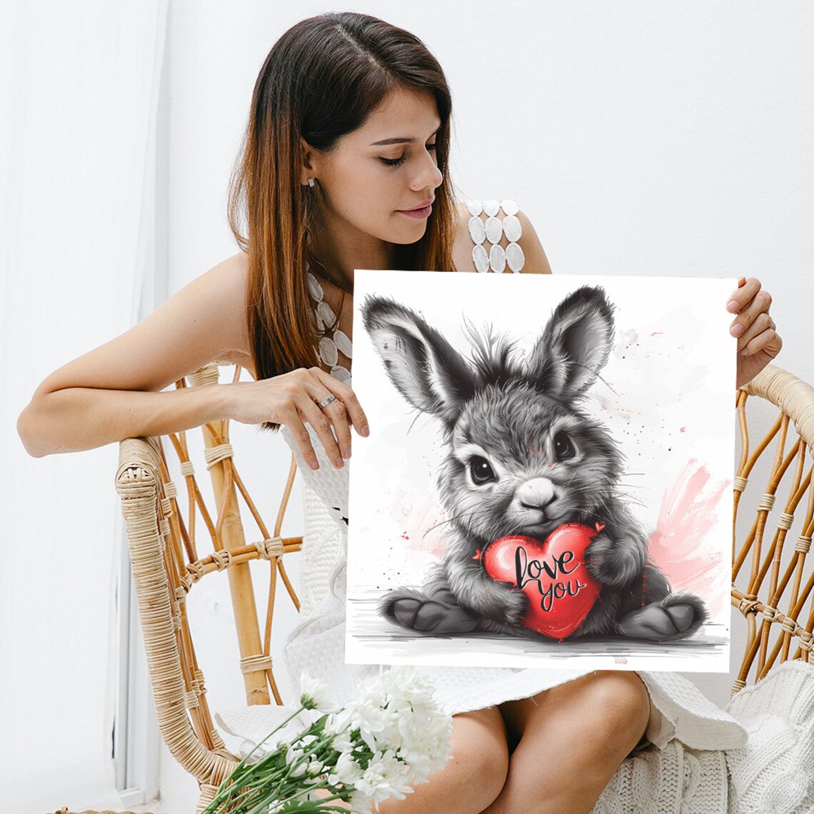 Adorable Bunny Holding Love You Heart Sketch Ink Nursery Wall Art Poster - Image 3