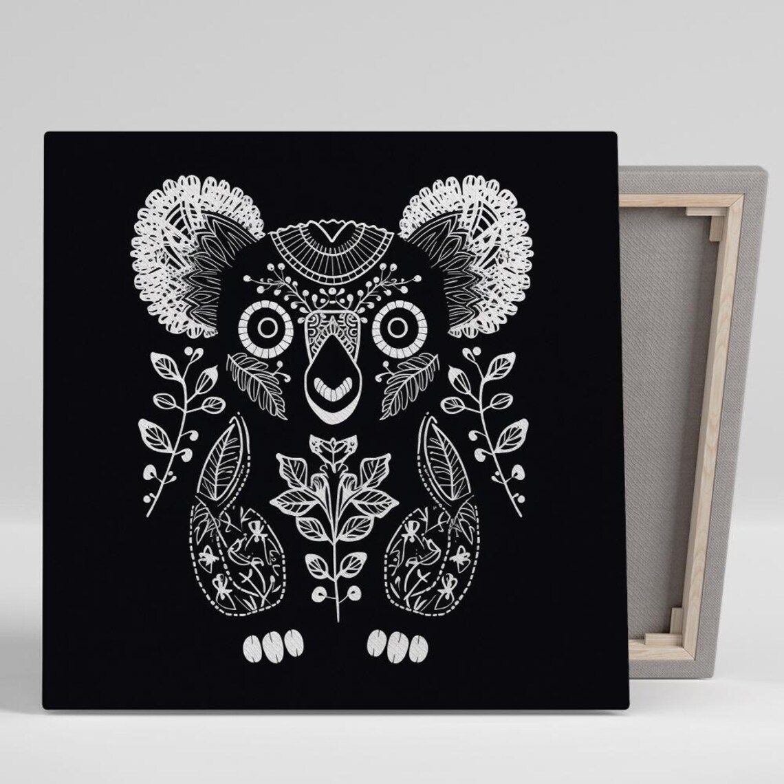 Koala Floral Line Art Portrait White on Black Bohemian Botanical Wall Art Poster