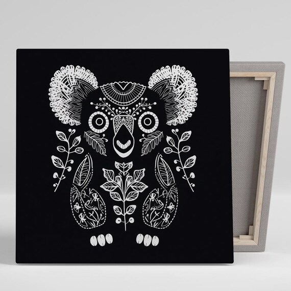 Koala Floral Line Art Portrait White on Black Bohemian Botanical Wall Art Poster