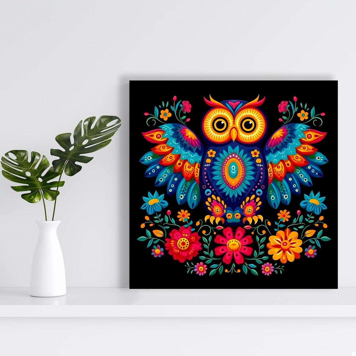 Owl Mandala Mexican Folk Art Colorful Floral Black Background Wall Poster - Image 2