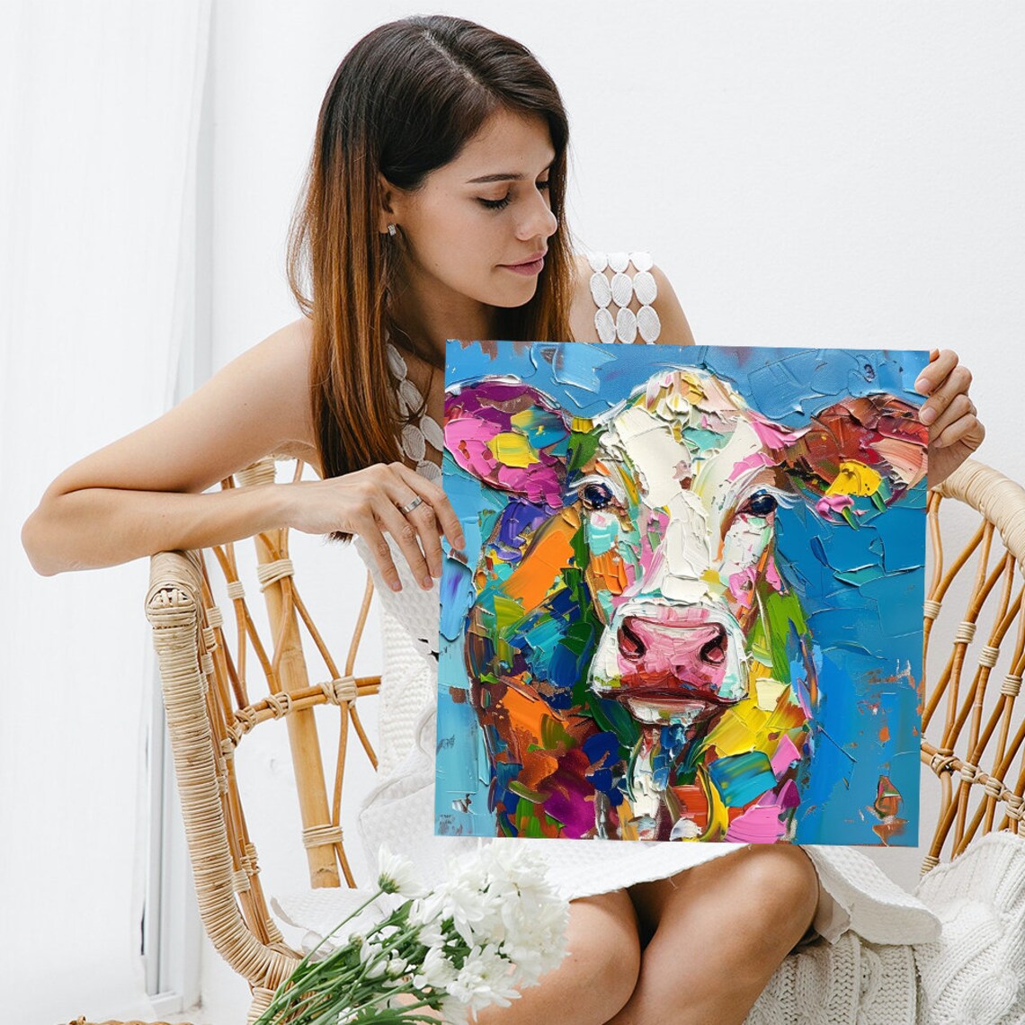 Colorful Cow Portrait Impasto Pink Blue Orange Textured Farm Poster - Image 3
