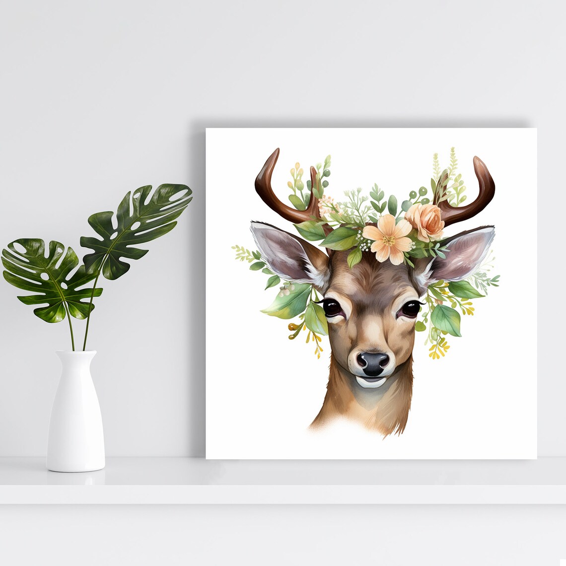 Deer With Antlers Wearing Floral Crown Peach Blossoms Watercolor Forest Poster - Image 2
