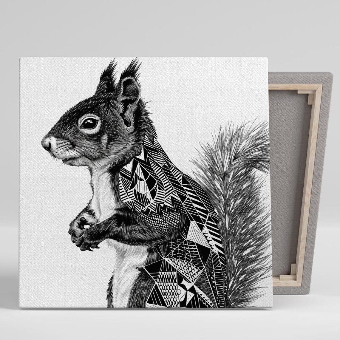 Monochrome Squirrel With Geometric Tribal Pattern Body Wall Art Poster
