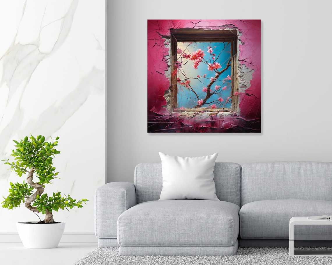 Cherry Blossom Branches Through Broken Window Cracked Pink Wall Poster - Image 2