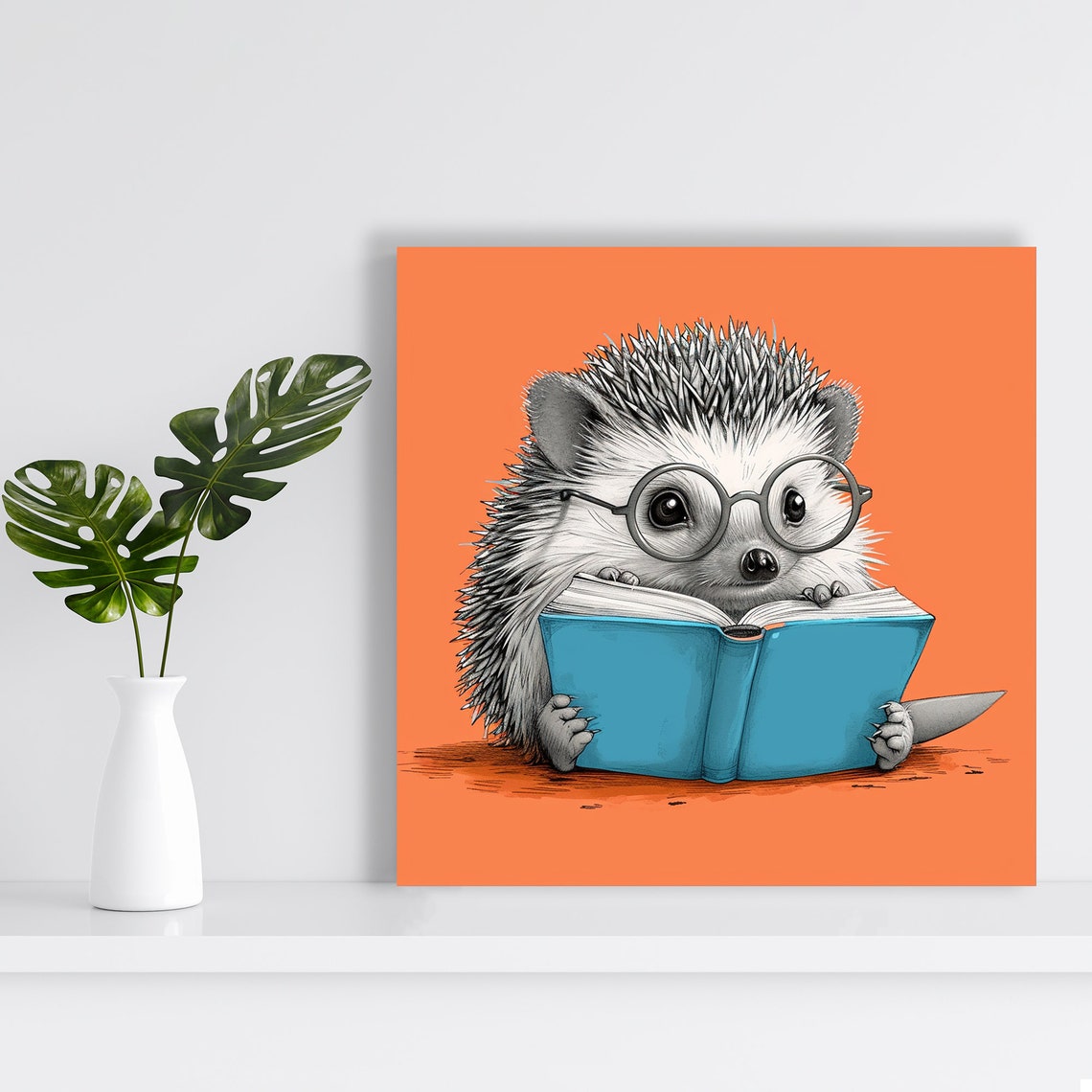 Bookworm Hedgehog Glasses Reading Blue Book Orange Background Poster - Image 2