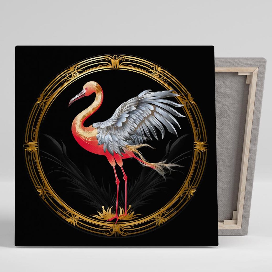 Elegant Flamingo Gold Ornate Frame Black Background Wall Art Poster