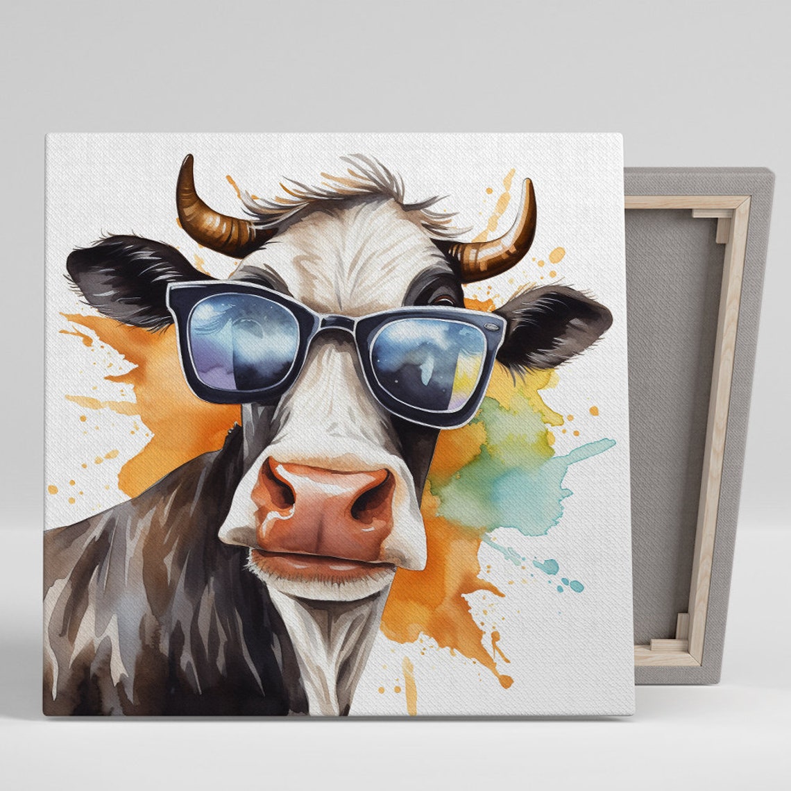 Cool Cow Wearing Sunglasses Watercolor Splash Funny Farm Animal Poster