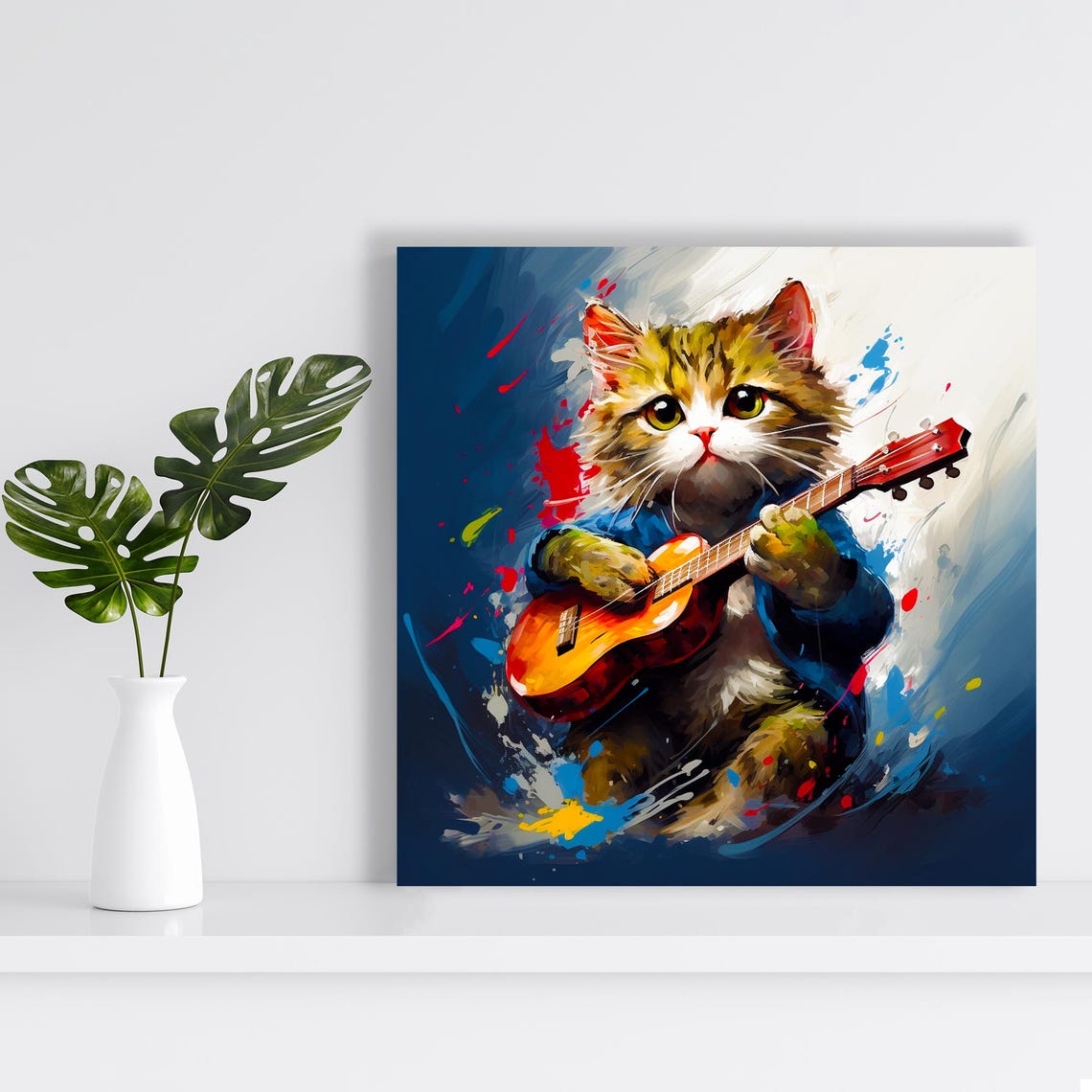 Kitten Playing Red Guitar Colorful Painterly Rock Star Cat Wall Poster - Image 2
