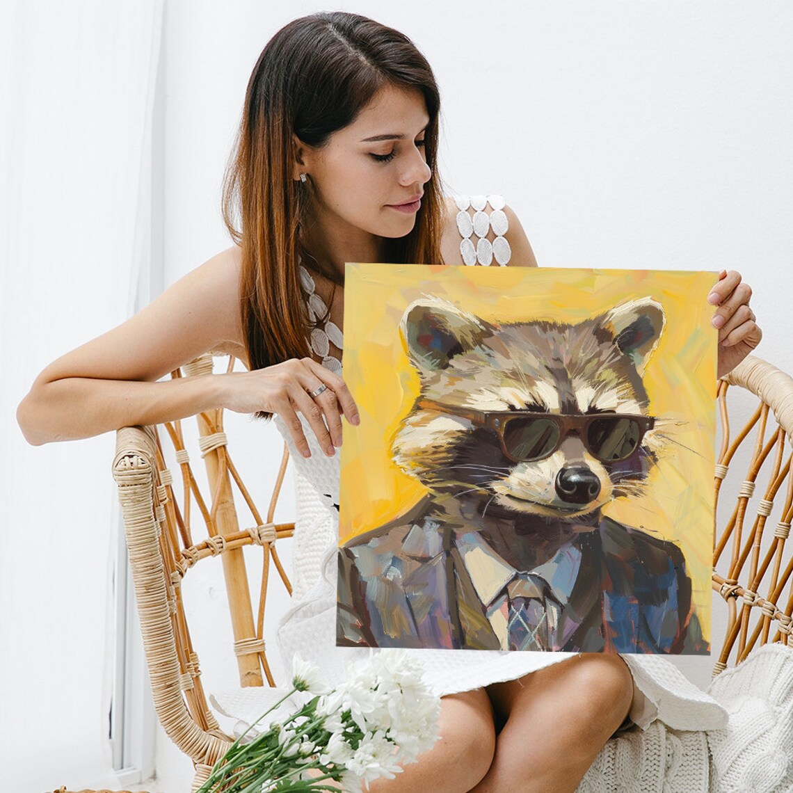 Dapper Raccoon Sunglasses Suit Tie Yellow Background Funny Office Poster - Image 3