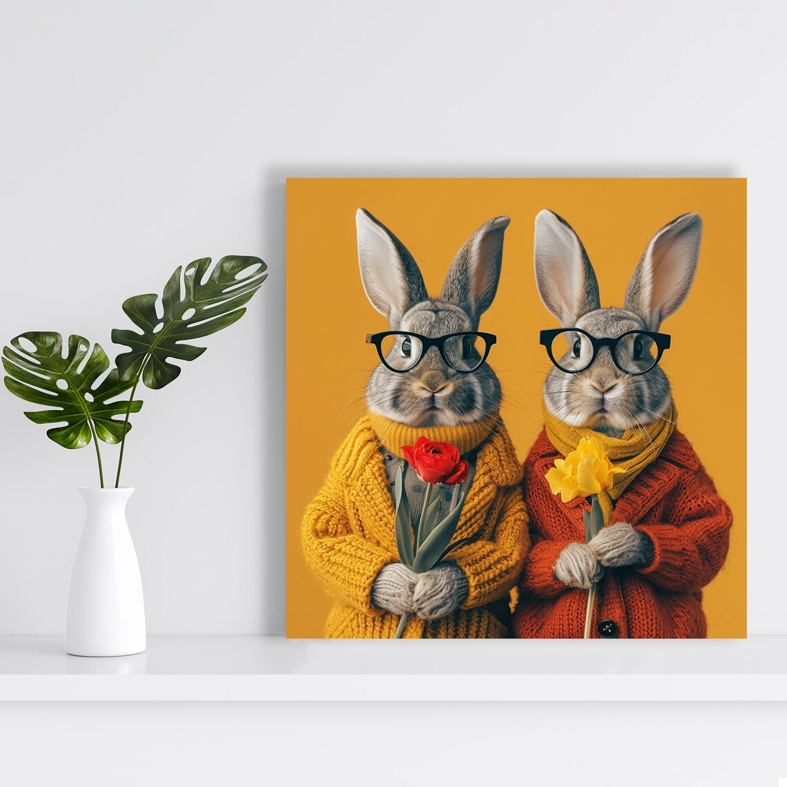 Two Scholar Rabbits in Glasses Knit Sweaters Flowers Funny Bunny Poster - Image 2