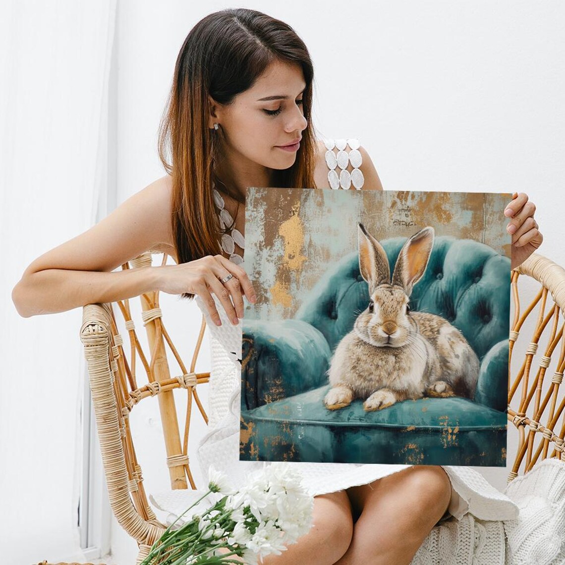Regal Rabbit Repose, Whimsical Rustic Art Print - Image 3