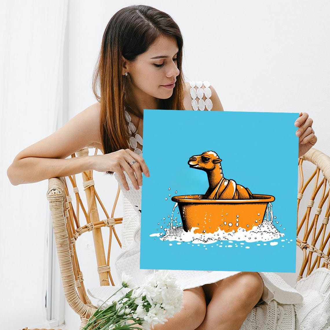 Bathing Camel Splashing in Tub Playful Orange Bathroom Animal Poster - Image 3