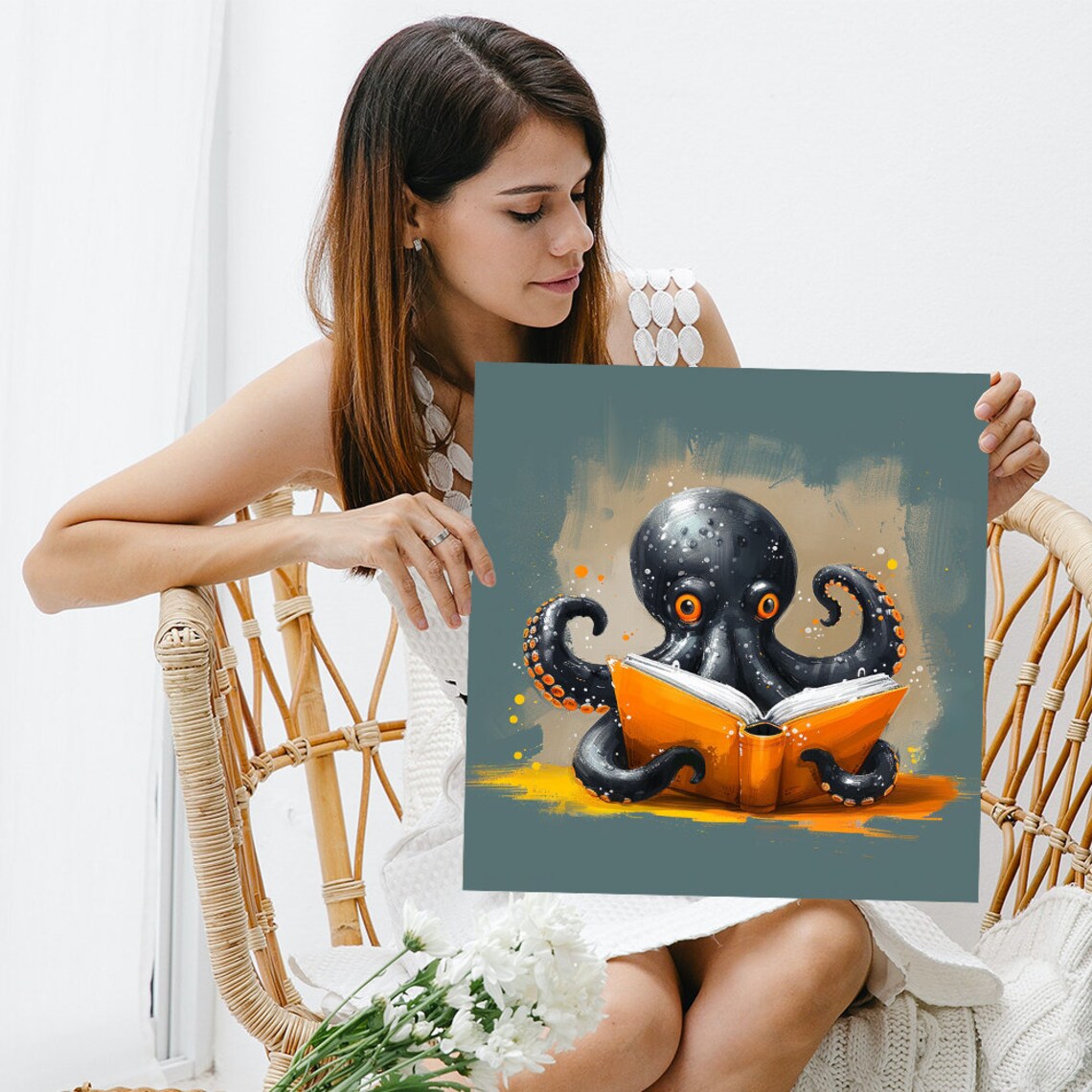 Bookworm Octopus, Whimsical Contemporary Art Print - Image 3