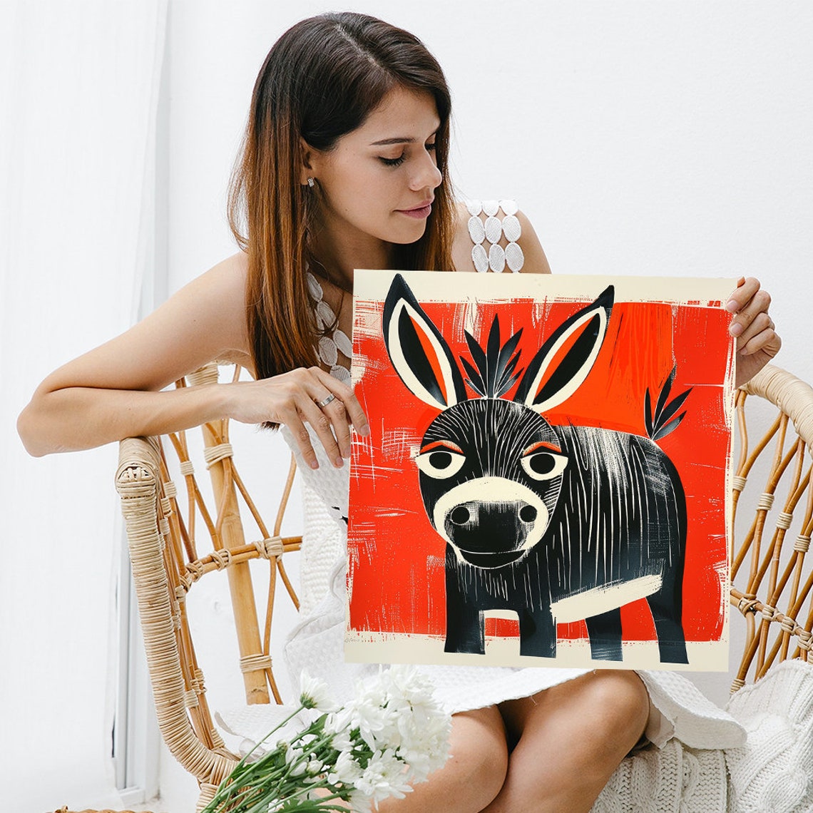 Black Donkey Bold Red Linework Folk Art Rustic Farm Wall Poster - Image 3