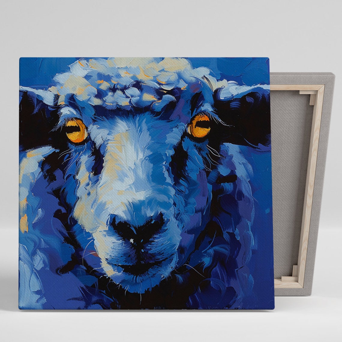 Electric Blue Sheep Close Up Golden Eyes Bold Impasto Paint Poster