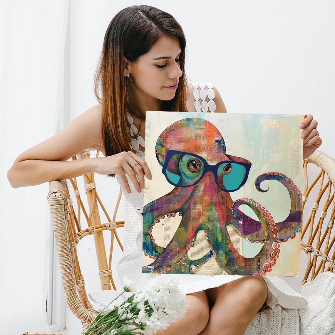 Octopus Wearing Blue Glasses Newspaper Collage Artsy Pop Art Poster - Image 3