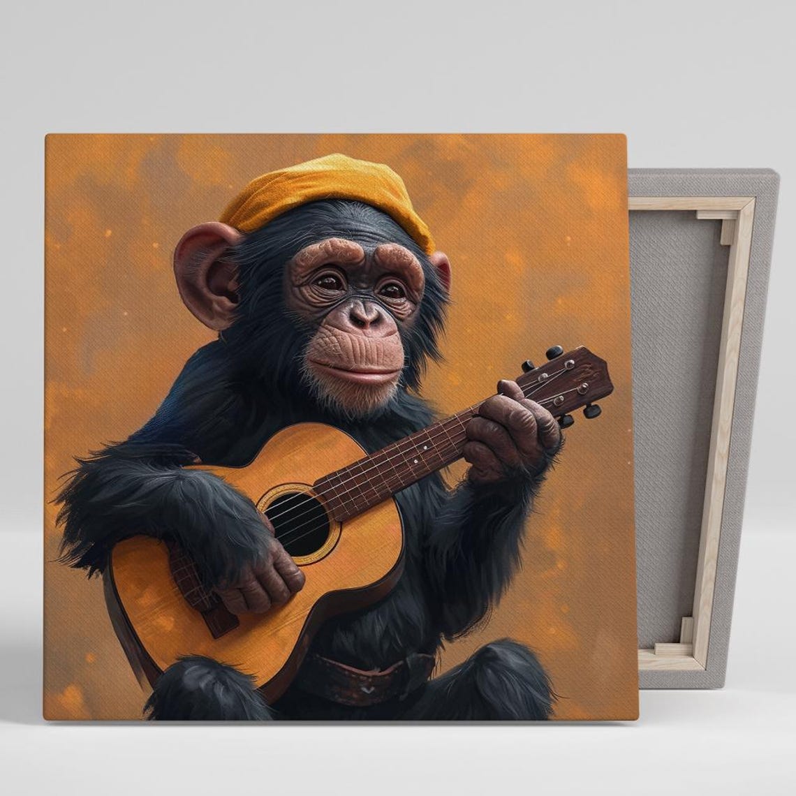 Young Chimpanzee Playing Acoustic Guitar Orange Beanie Music Poster