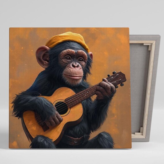 Chimpanzee Art Or Poster Whimsical Animal Music Decor Living Room Office Game Room Art Black Yellow Orange Brown Animal Decor