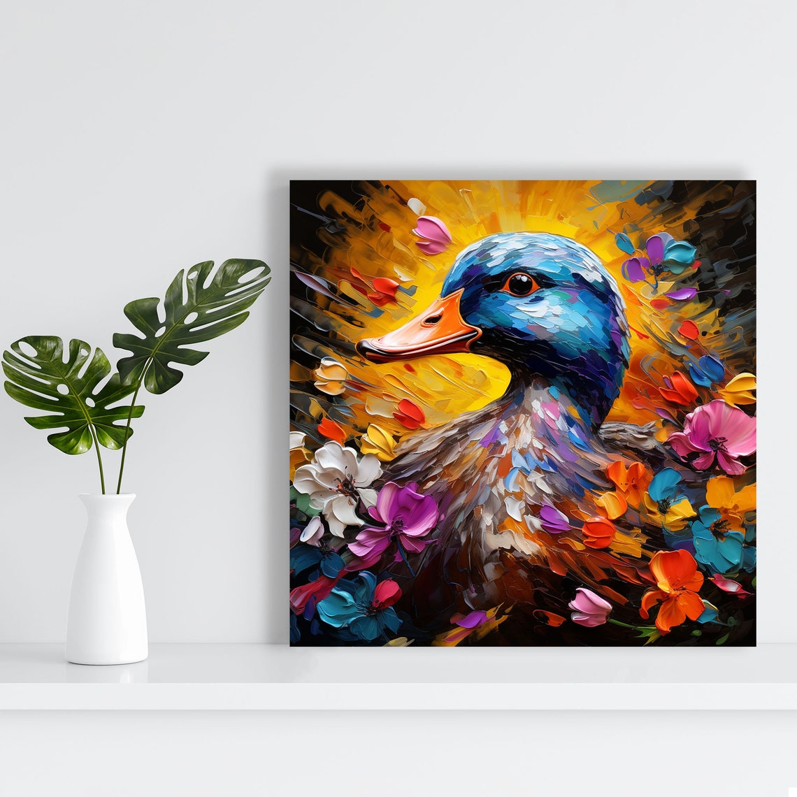 Colorful Duck Portrait Among Bright Flowers Impasto Bird Canvas Poster - Image 2