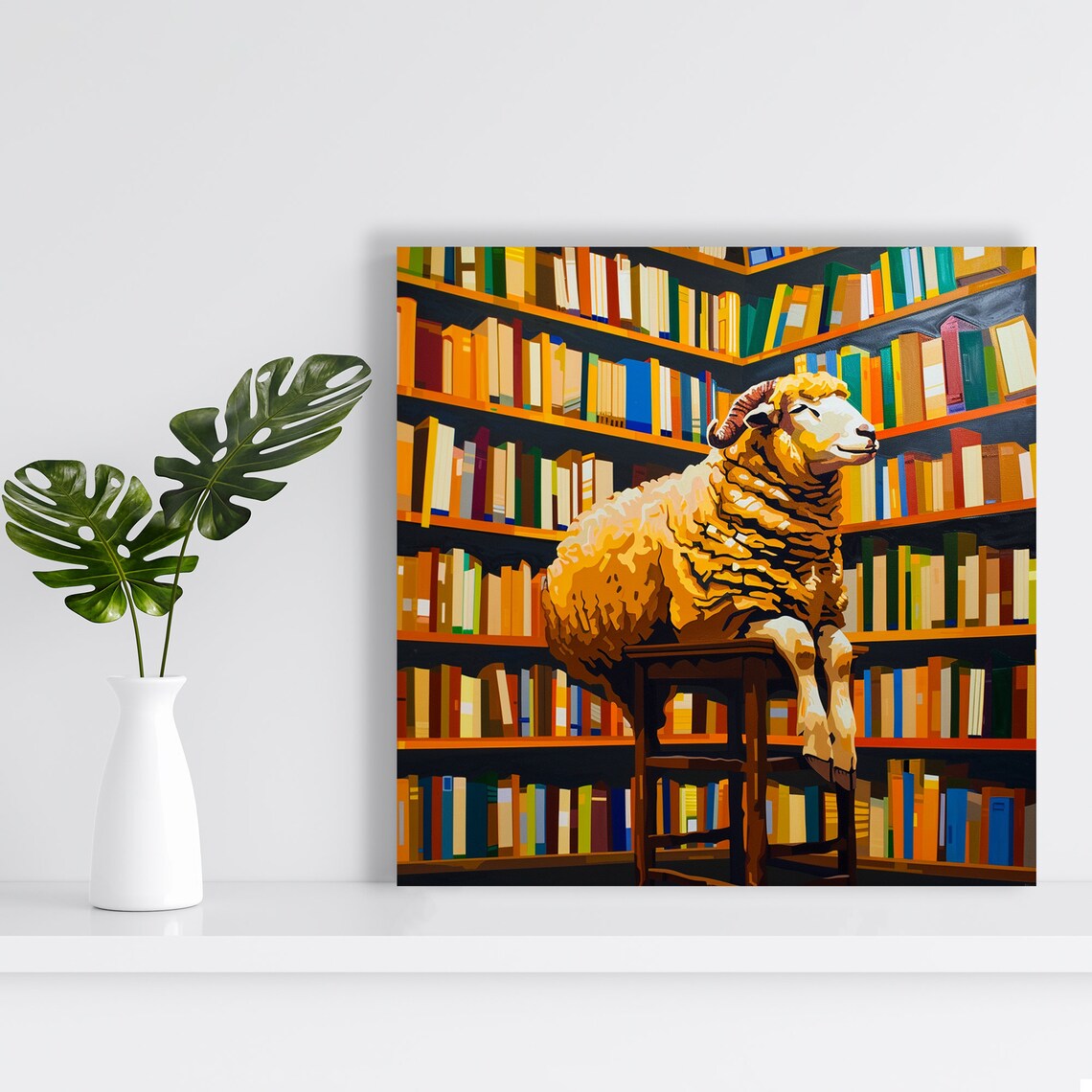Curious Sheep Ram Sitting On Stool In Cozy Library Bookshelves Wall Poster - Image 2