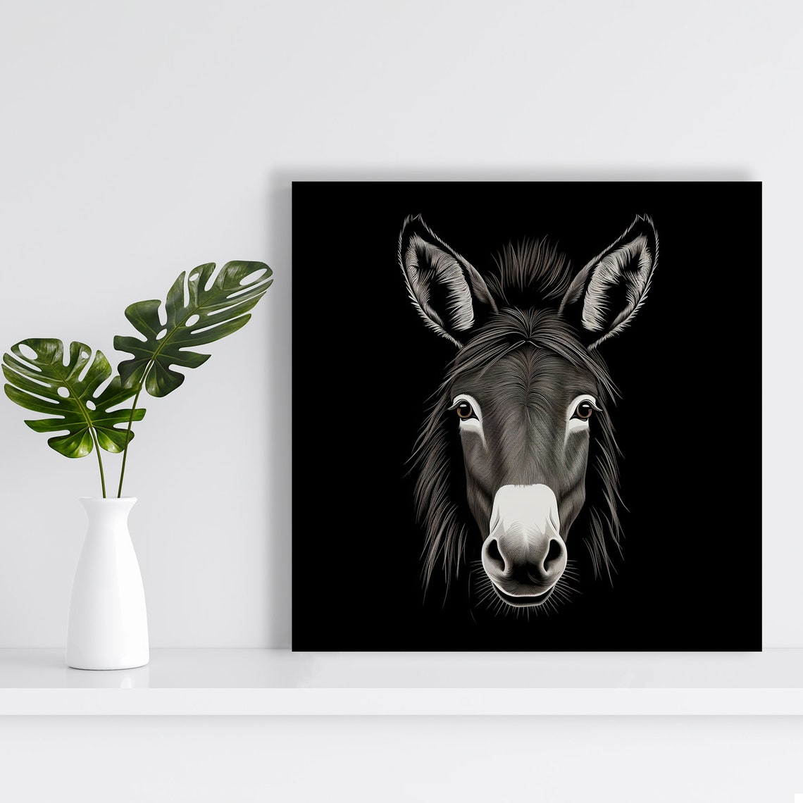 Monochrome Donkey Portrait Black Background Elegant Line Art Print - Image 2