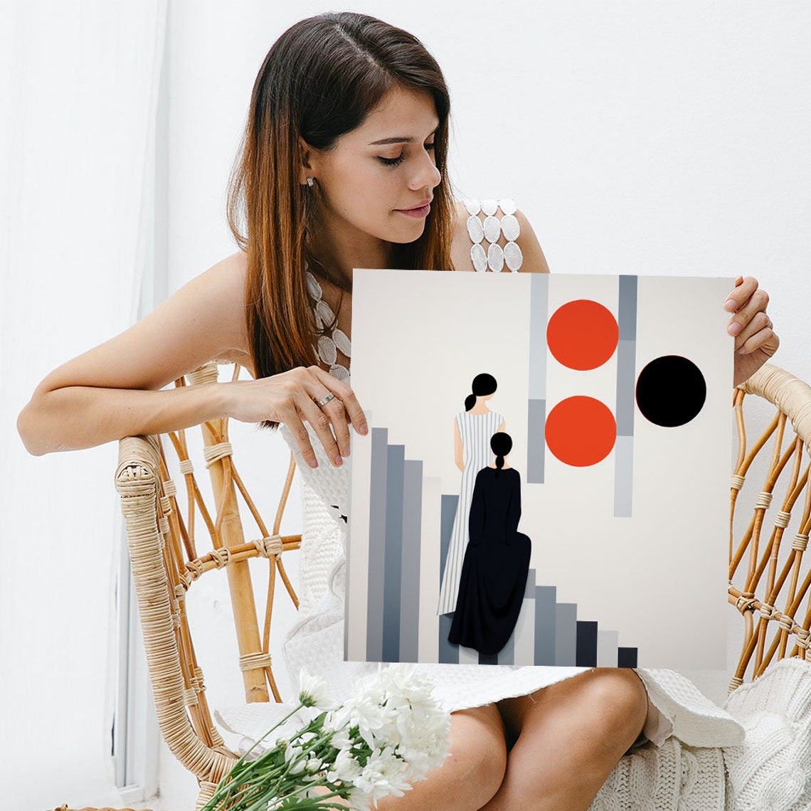 Two Women Viewing Red Suns Minimalist Geometric Abstract Art Poster - Image 3