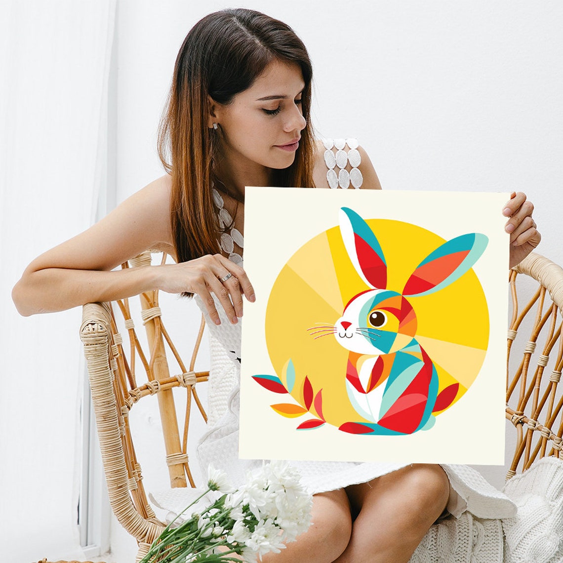 Geometric Rabbit Sunshine Yellow Sun Whimsical Nursery Animal Poster - Image 3