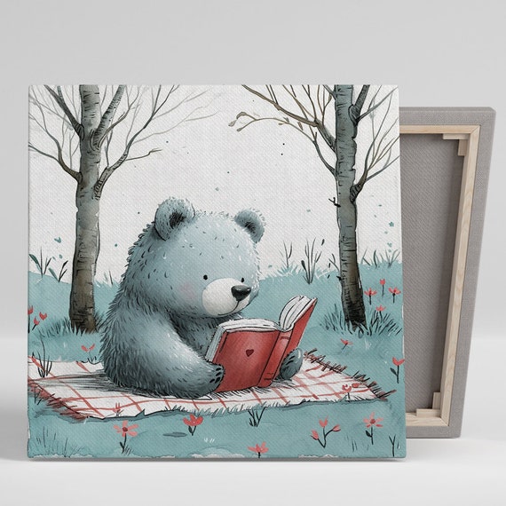 Bookworm Bear Art Or Poster Rustic Decor Childrens Room Nursery Library Living Room Wall Art Blue Grey Red White Bear Art Print
