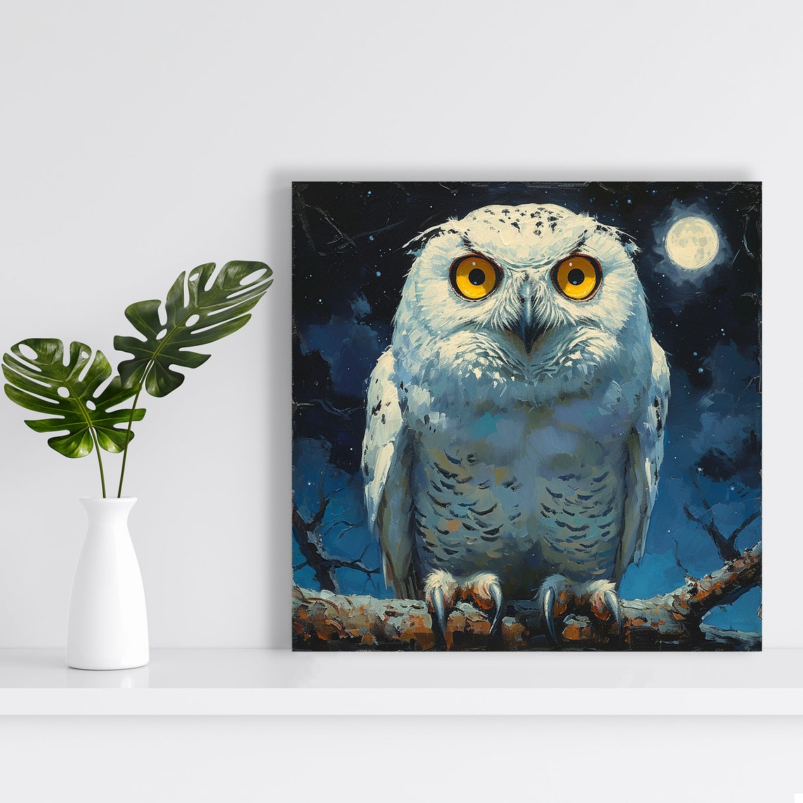 Snowy White Owl At Night Under Moonlight Painterly Bird Poster - Image 2