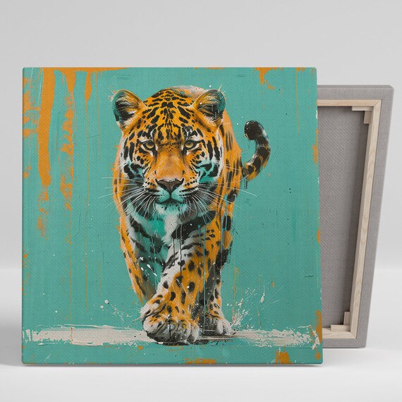 Spotted Wild Cat Walking Toward Viewer Turquoise Orange Poster